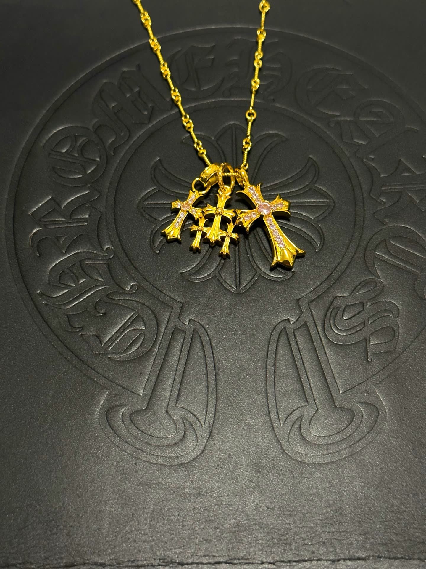 Chrome Hearts Gold Cross Pendant Necklace with Pink Stones